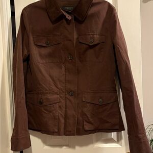 Talbots Barn Jacket Women’s Sz 12  Brown Pockets Corduroy Collar 2-way zip **